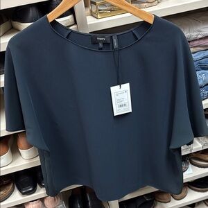 Theory Nocturne Navy classic crepe Blue Boxy Short Sleeve Blouse L